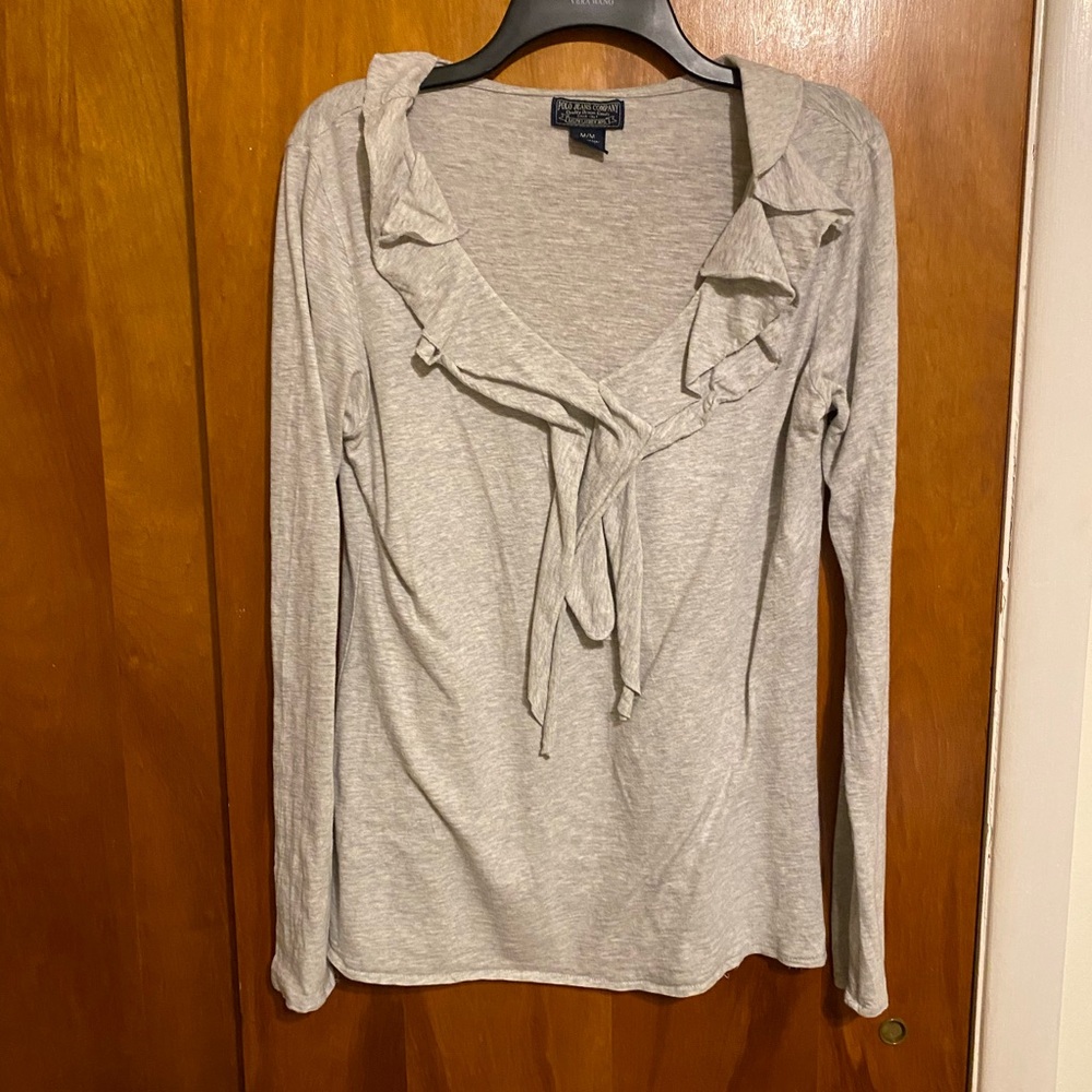 Polo Jeans Company Ralph Lauren Gray Ruffled Collar Long Sleeve Top, Women’s, L